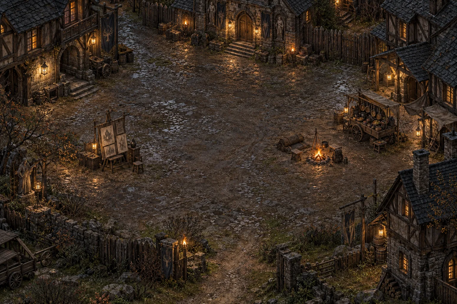 A quiet stone and timber town at dusk, with an artist's easel, a campfire, and a kitchen cart.